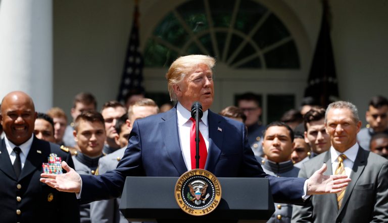 President Donald Trump speaks during the presentation of the Commander-in-Chief's Trophy to the U.S. Military Academy at West Point football team, in the Rose Garden of the White House, Monday, May 6, 2019, in Washington. 
