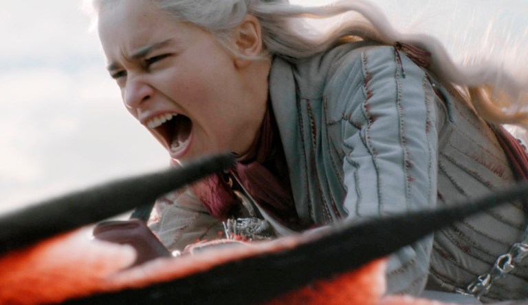 This image released by HBO shows Emilia Clarke in a scene from "Game of Thrones," that aired Sunday, May 5, 2019. In the third to last episode of HBOâs âGame of Thrones,â Mother of Dragons Daenerys Targaryen is suffering from a crisis of confidence.