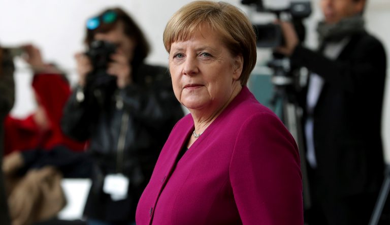 German Chancellor Angela Merkel arrives for a welcome ceremony for Britain's Prince Charles and Camilla, Duchess of Cornwall, at the chancellery in Berlin, Germany, Tuesday, May 7, 2019. 