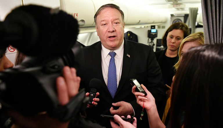 Secretary of State Mike Pompeo speaks to reporters in flight early on May 8, 2019, after a previously unannounced trip to Baghdad.