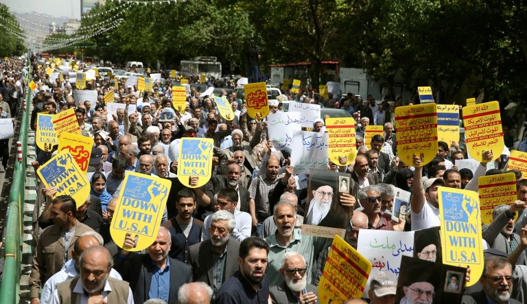 Iranian official says they won’t call Trump Worshippers chant slogans against the United States and Israel during a rally after Friday prayers in Tehran, Iran, Friday, May 10, 2019. A top commander in Iran's powerful Revolutionary Guard said Friday that Tehran will not talk with the United States, an Iranian news agency reported â a day after President Donald Trump said he'd like Iranian leaders to "call me."