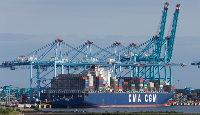 A container ship is unloaded at the Virginia International Gateway terminal in Norfolk, Virginia.