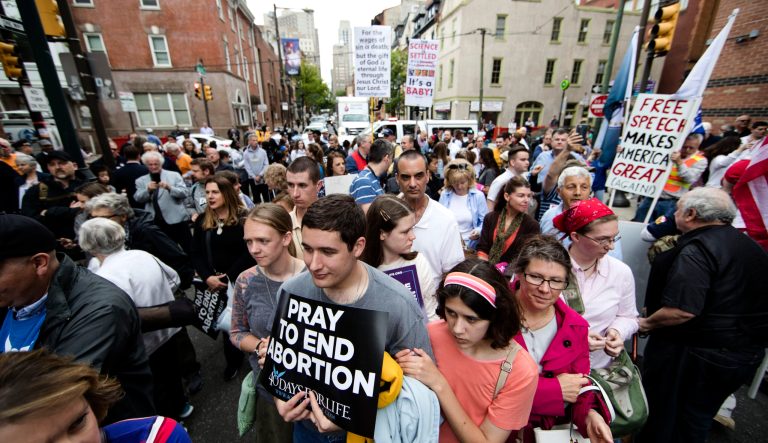 Anti-abortion protesters rally near a Planned Parenthood clinic in Philadelphia, Friday, May 10, 2019. 