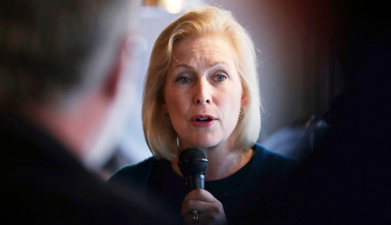Democratic presidential candidate Sen. Kirsten Gillibrand, D-N.Y., talks with guests during a campaign stop in Derry, N.H.