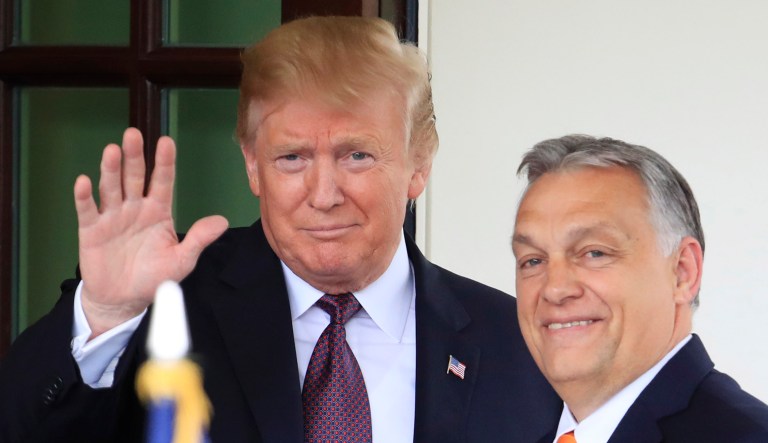 President Trump (left) welcomes Hungarian Prime Minister Viktor OrbÃ¡n to the White House in Washington, D.C., on Monday.