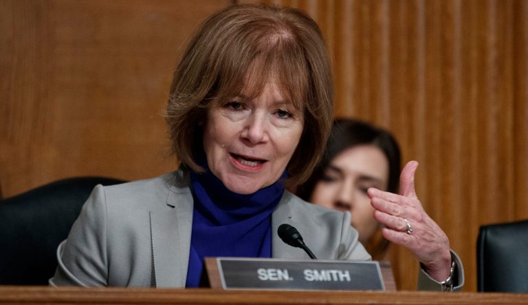 In this March 5, 2019 photo Sen. Tina Smith, D-Minn., speaks during a Senate Committee on Health, Education, Labor, and Pensions hearing on Capitol Hill in Washington.