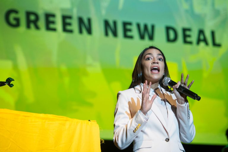 Rep. Alexandria Ocasio-Cortez, D-N.Y., addresses the Road to the Green New Deal Tour final event.