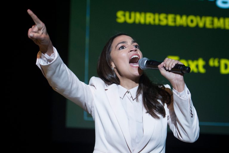 Rep. Alexandria Ocasio-Cortez, D-N.Y., speaks at the final event for the Road to the Green New Deal Tour.