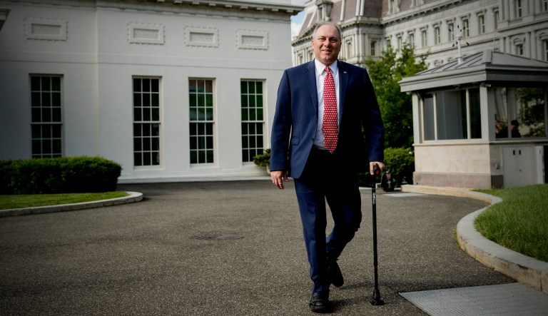 House Minority Whip Steve Scalise, R-La., walks past the West Wing on his way to a television interview on the North Lawn of the White House in Washington.