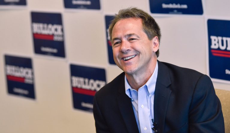 Gov. Steve Bullock, Democratic presidential candidate, holds a roundtable discussion with members of the local media Tuesday, May 14, 2019 at his campaign headquarters in Helena, Mont.  