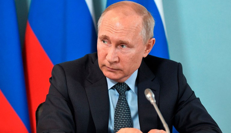 Russian President Vladimir Putin attends a meeting on social and economic development of the Astrakhan Region in Akhtubinsk, Russia, Tuesday, May 14, 2019.