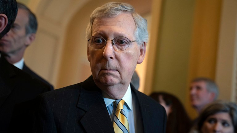 Senate Majority Leader Mitch McConnell, R-Ky., answers questions.