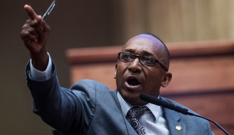 Sen. Bobby Singleton speaks about a ban on nearly all abortions during a debate in the senate chamber in the Alabama State House in Montgomery, Ala., on Tuesday, May 14, 2019. The legislation would make performing an abortion a felony at any stage of pregnancy with almost no exceptions. 