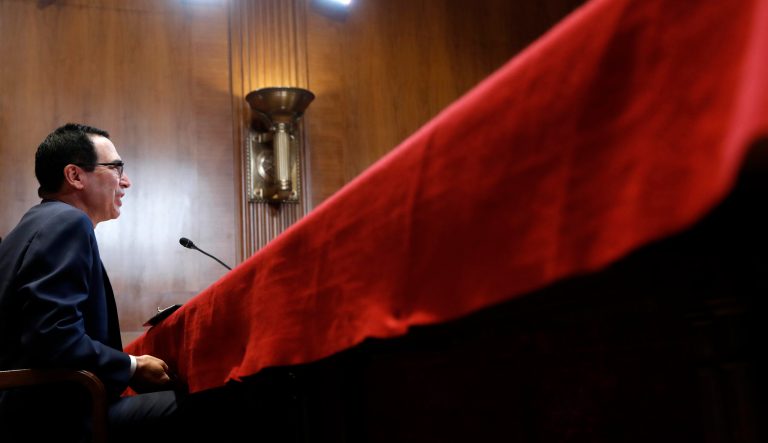 Treasury Secretary Steve Mnuchin testifies about the budget to a Financial Services and General Government subcommittee, Wednesday May 15, 2019, on Capitol Hill in Washington. 