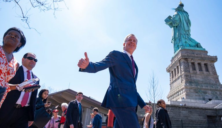 New York Mayor Bill de Blasio arrives for the official dedication ceremony of the Statue of Liberty Museum on Liberty Island Thursday, May 16, 2019, in New York. De Blasio announced Thursday that he will seek the Democratic nomination for president, adding his name to an already long list of candidates itching for a chance to take on Donald Trump. 