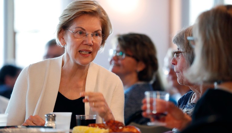 Democratic presidential candidate Sen. Elizabeth Warren, D-Mass., speaks with a group of women at the Rockingham County Democrats Clambake, Saturday, May 18, 2019, in Portsmouth, N.H.
