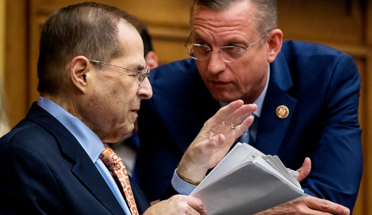 Chairman Jerrold Nadler, D-N.Y., left, and Ranking Member Rep. Doug Collins, R-Ga., right, speak following a House Judiciary Committee hearing on Capitol Hill in Washington.