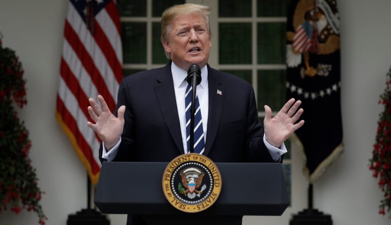 President Donald Trump speaks in the Rose Garden, Wednesday, May 22, 2019, in Washington. 