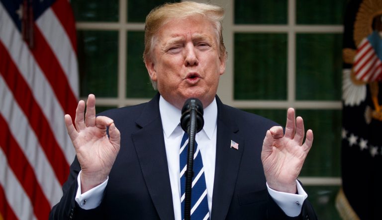 President Donald Trump delivers a statement in the Rose Garden of the White House, Wednesday, May 22, 2019, in Washington. 