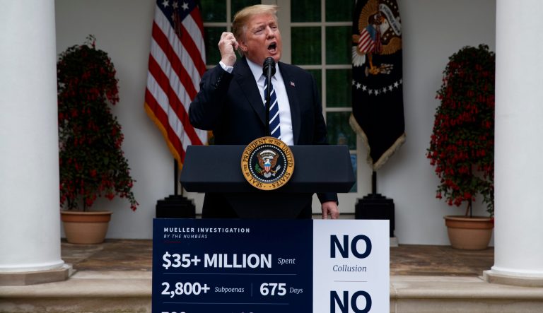 President Donald Trump delivers a statement in the Rose Garden of the White House, Wednesday, May 22, 2019, in Washington. 