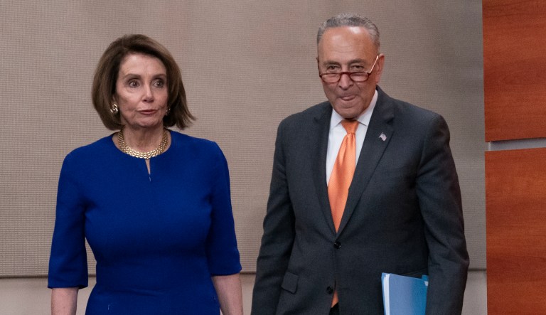 Speaker of the House Nancy Pelosi, D-Calif., left, and Senate Minority Leader Chuck Schumer, D-N.Y., arrive to inform reporters about their failed meeting with President Donald Trump at the White House on infrastructure, at the Capitol in Washington, Wednesday, May 22, 2019.  