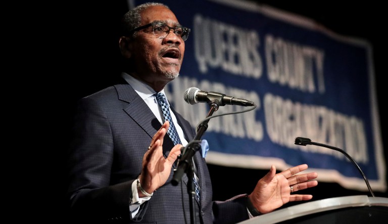 Congressman Gregory Meeks, D-NY, speaks before the arrival of Democratic presidential candidate Mayor Pete Buttigieg to participate in Queens Democratic party's first in a series of "presidential fireside chat," a town hall forum for 2020 presidential candidates, Wednesday, May 22, 2019, at LaGuardia Community College in New York.