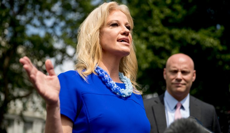 Counselor to the President Kellyanne Conway, left, accompanied by Marc Short, Chief of Staff for Vice President Mike Pence, right, speaks to reporters outside the West Wing of the White House in Washington, Thursday, May 23, 2019.