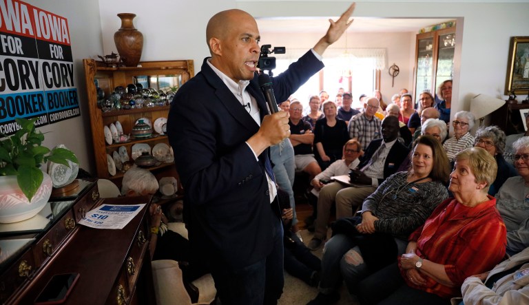 Democratic presidential candidate Sen. Cory Booker, D-N.J., speaks during a house party, Friday, May 24, 2019, in Newton, Iowa.