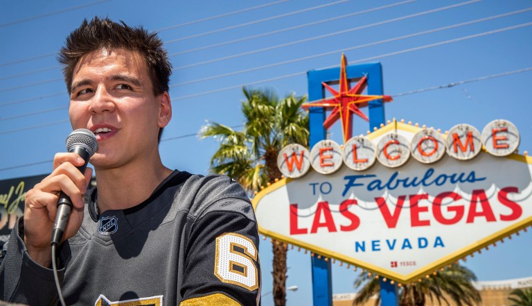 "Jeopardy!" sensation James Holzhauer speaks after being presented with a key to the Las Vegas Strip in front of the Welcome to Fabulous Las Vegas sign in Las Vegas.