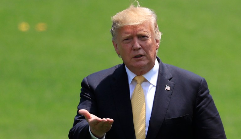 President Trump walks on the lawn of the White House in D.C.