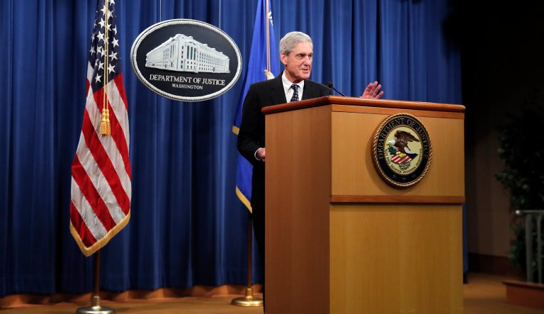Special counsel Robert Mueller waves as he walks from the podium after speaking at the Department of Justice Wednesday, May 29, 2019, in Washington, about the Russia investigation.