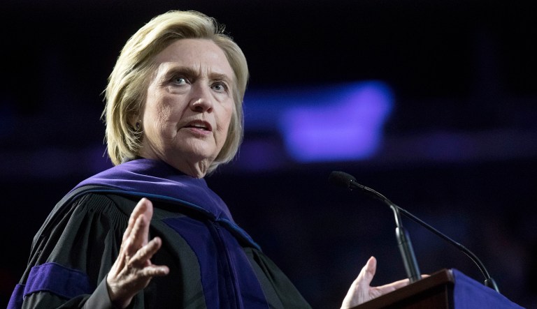 Former Secretary of State Hillary Clinton delivers Hunter College's commencement address, Wednesday, May 29, 2019, in New York.