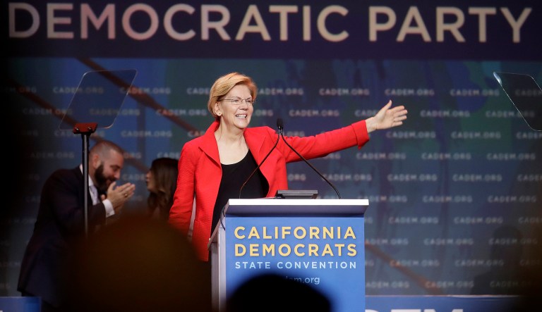 Democratic presidential candidate Sen. Elizabeth Warren, D-Mass., waves before speaking during the 2019 California Democratic Party State Organizing Convention in San Francisco, Saturday, June 1, 2019.