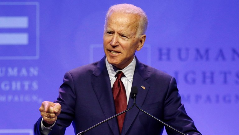 Democratic presidential candidate, former Vice President Joe Biden speaks during the Human Rights Campaign dinner.