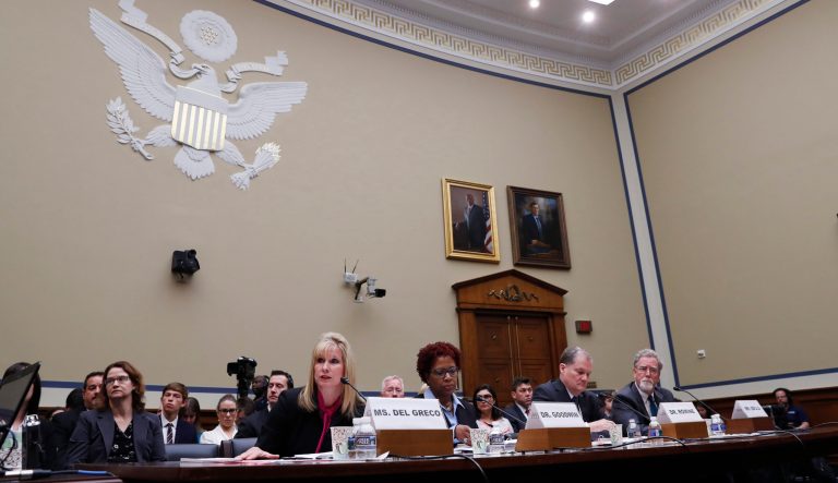 Kimberly Del Greco, FBI Deputy Assistant Director of Criminal Justice Information Services, left, Gretta Goodwin, Director of Homeland Security and Justice for the Government Accountability Office, Charles Romine, Director of the Information Technology Laboratory at the National Institute of Standards and Technology, and Austin Gould, Assistant Administrator of Requirements and Capabilities Analysis at the Transportation Security Administration (TSA), attend a House Oversight and Reform committee hearing on facial recognition technology in government, Tuesday June 4, 2019, on Capitol Hill in Washington. 