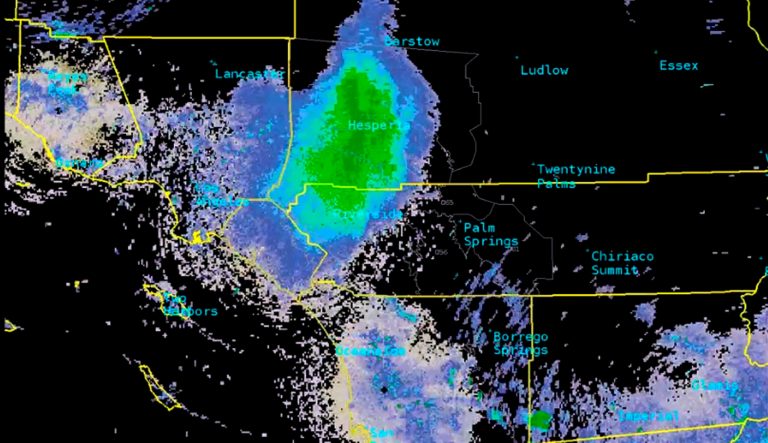 This Tuesday, June 4, 2019, image provided by National Weather Service radar shows a green mark that indicates a massive swarm of ladybugs over Southern California including Los Angeles and Orange County, left, with San Diego and Imperial County and the Mexican border at bottom. 