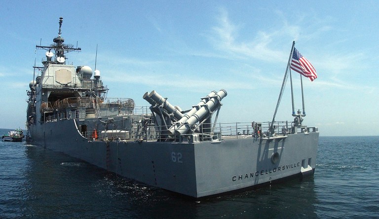 In this Sept. 27, 2002, file photo, the U.S. guided missile cruiser USS Chancellorsville lies at anchor in India's southern port of Cochin. 
