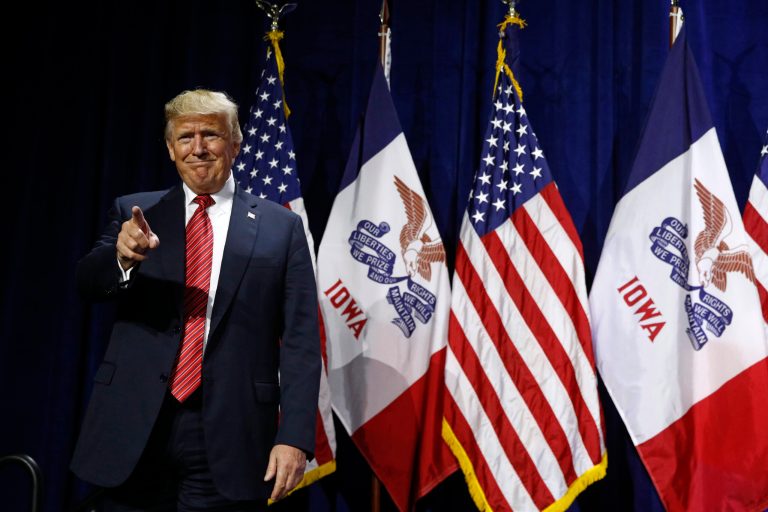 President Donald Trump arrives at the Republican Party of Iowa's annual dinner in West Des Moines, Iowa,  June 11, 2019.