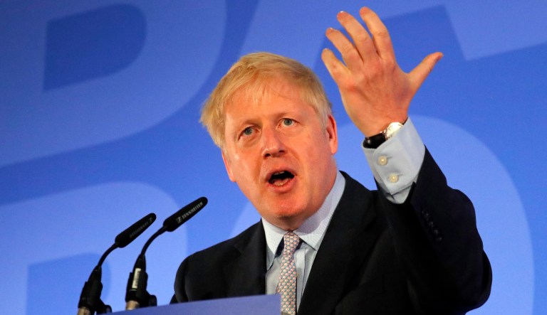Britain's Conservative Party lawmaker Boris Johnson gestures as he speaks during the official launch of his leadership campaign in London.