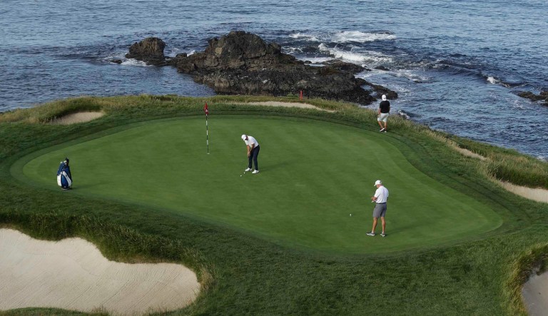 Jason Day, of Australia, putts on the seventh hole during a practice round for the U.S. Open Championship golf tournament Wednesday, June 12, 2019, in Pebble Beach, Calif.