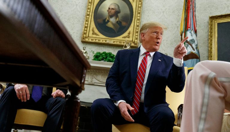 President Donald Trump speaks during a meeting with Polish President Andrzej Duda in the Oval Office of the White House, Wednesday, June 12, 2019, in Washington. 