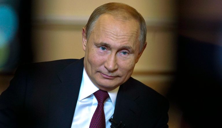 In this photo taken on Wednesday, June 12, 2019, Russian President Vladimir Putin speaks during his an interview with MIR TV channel in Moscow, Russia. 