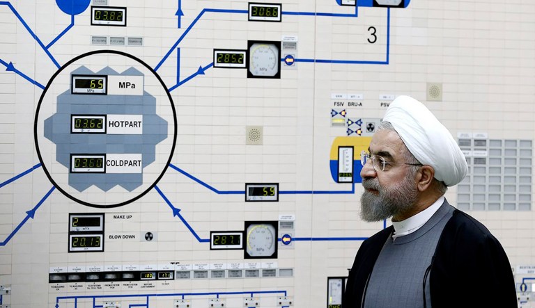 A photo released by the Iranian President's Office shows President Hassan Rouhani visiting the Bushehr nuclear power plant just outside of Bushehr, Iran.