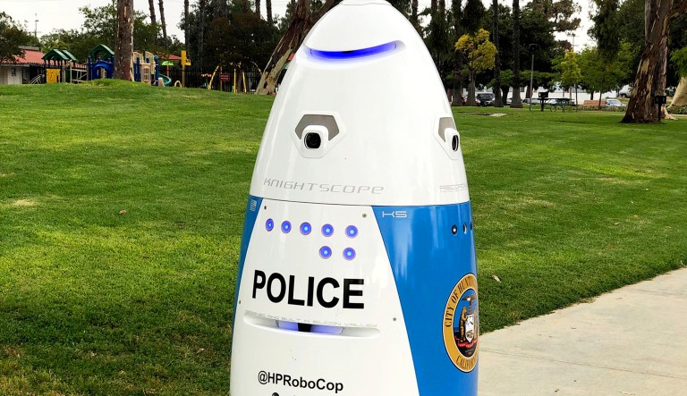 This undated photo provided by the Huntington Park, Calif., Police Department shows their data machine, "HP Robocop."