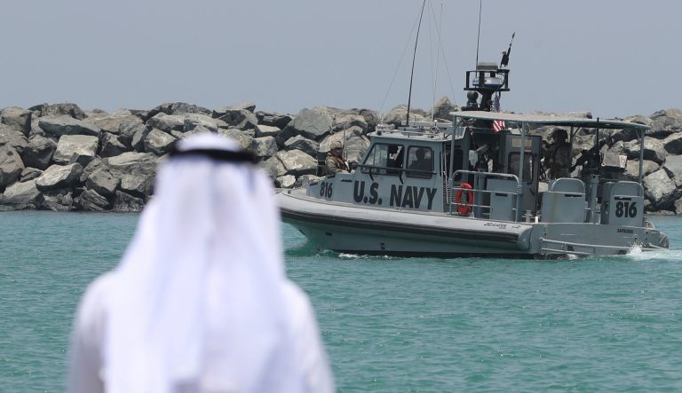A U.S. Navy patrol boat carrying journalists to see damaged oil tankers leaves a U.S. Navy 5th Fleet base near Fujairah, United Arab Emirates, Wednesday, June 19, 2019. 