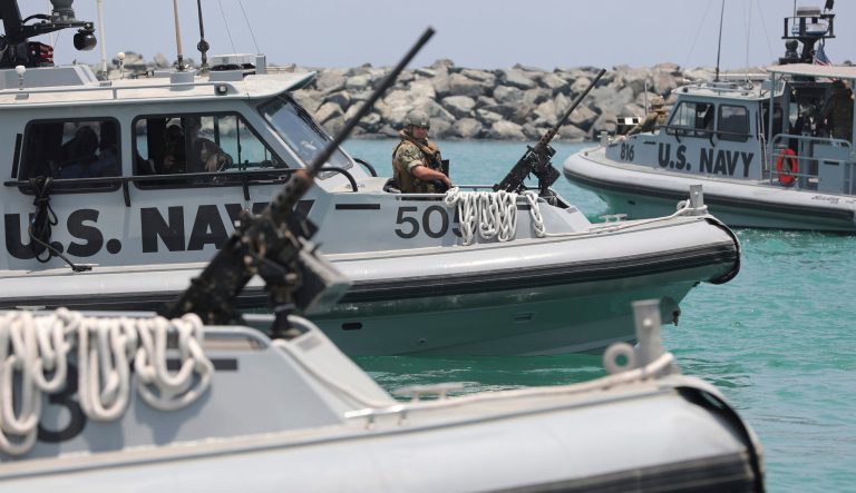 U.S. Navy patrol boats carrying journalists to see damaged oil tankers leaves a U.S. Navy 5th Fleet base near Fujairah, United Arab Emirates, Wednesday, June 19, 2019. 