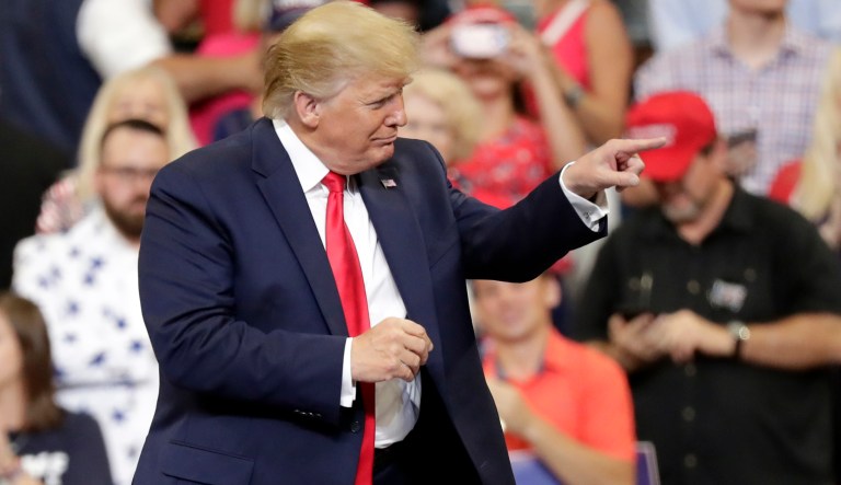 President Donald Trump acknowledges supporters at a rally where he formally announced his 2020 re-election bid Tuesday, June 18, 2019, in Orlando, Fla.