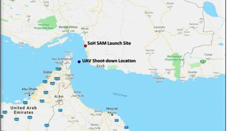 This map provided by the Department of Defense, Thursday, June 20, 2019, shows the site where they say a U.S. Navy RQ-4 drone was shot down. The Department of Defense says the drone was flying over the Gulf of Oman and the Strait of Hormuz on a surveillance mission in international airspace in the vicinity of recent IRGC maritime attacks when it was shot down by an IRGC surface to air missile fired from a launch site in the vicinity of Goruk, Iran. 