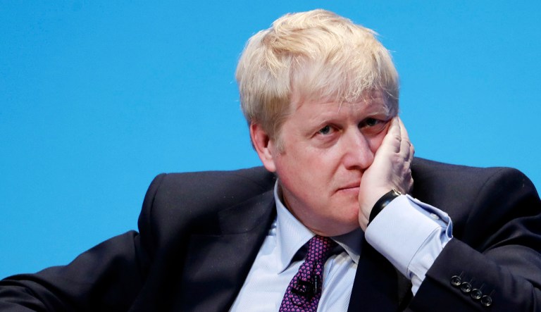 Britain's prime ministerial contender Boris Johnson addresses Conservative Party members in Birmingham, England.