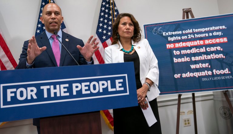 Rep. Hakeem Jeffries, D-N.Y., the Democratic Caucus chair, left, and Rep. Veronica Escobar, D-Texas, meet with reporters following a meeting with fellow Democrats focusing on a path to emergency humanitarian aid to help migrants detained on the southwestern border, at the Capitol in Washington, Tuesday, June 25, 2019.